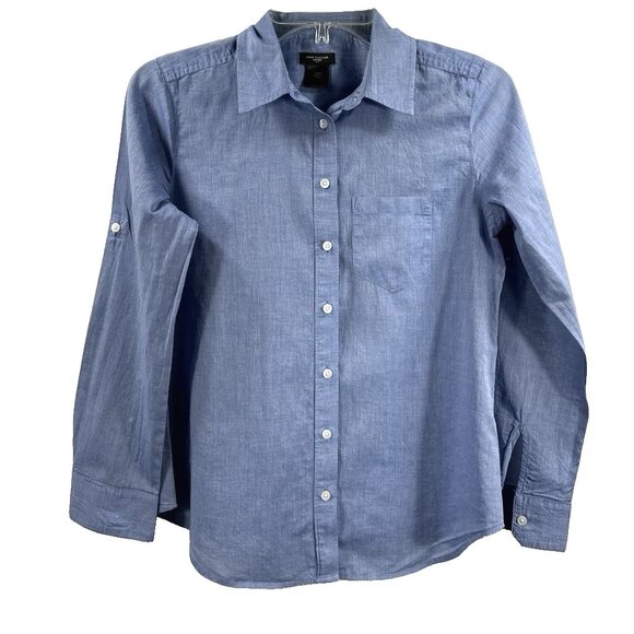 Ann Taylor Blue Denim Look Button Up Shirt Fitted Cotton Petite Women Size XSP - Picture 1 of 6
